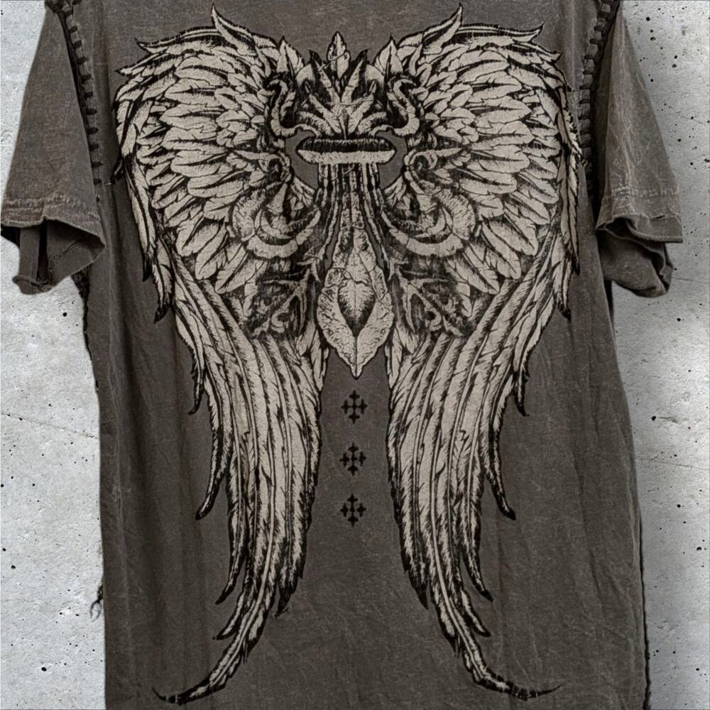Vintage Affliction RAW STATE Fleur de Lis Wings Gray Shirt Black Stitch Detail M